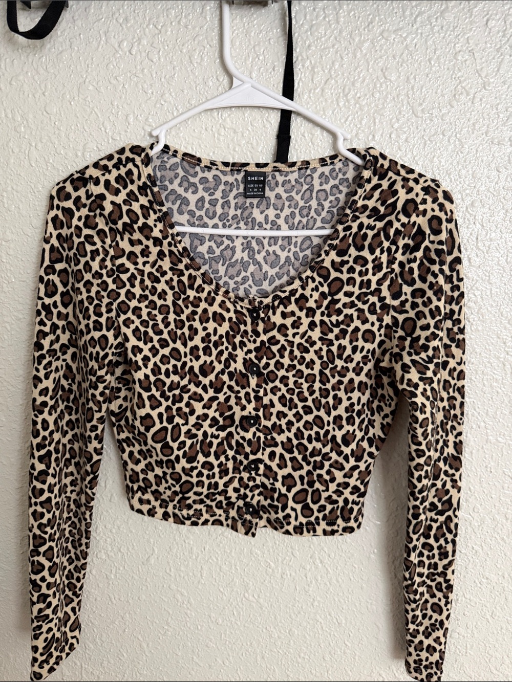 SHEIN Beige & Black Leopard Print Button-Front Long Sleeve Top